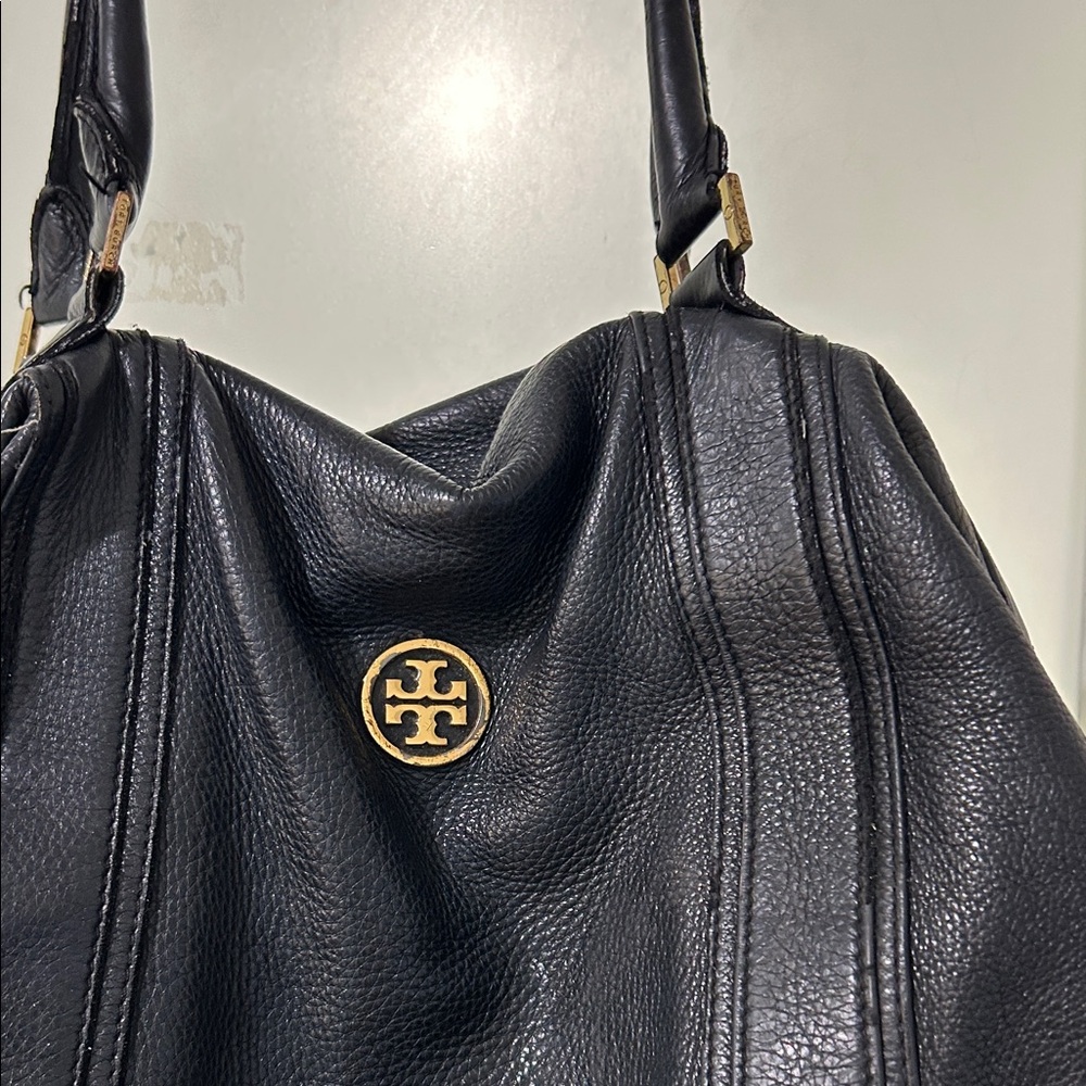 Tory Burch Black Pebbled Leather Shoulder Bag with Gold Logo Emblem